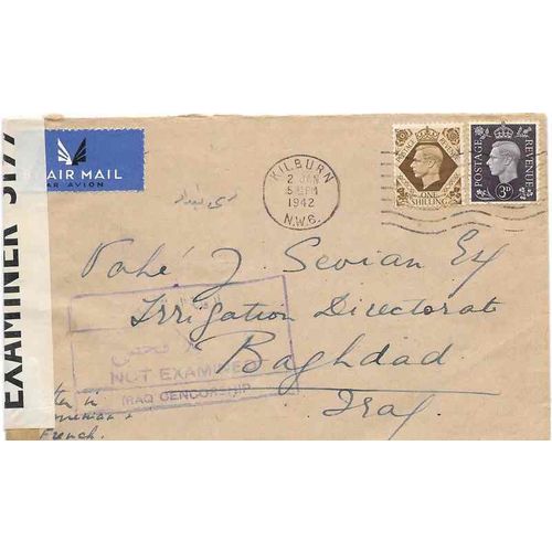 England Air Mail to Iraq 1942 CENSOR Tape, NOT EXAMINED Markings
