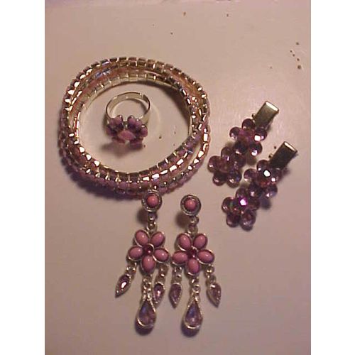 Pink Crystal Earrings Chandelier, Bracelets, Ring, Hair Clip SET 4 Fashion Set