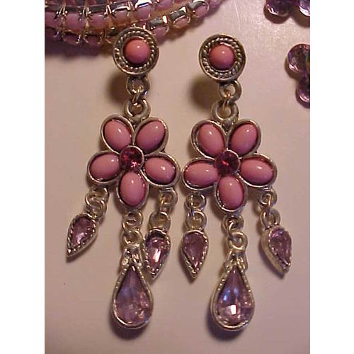 Pink Crystal Earrings Chandelier, Bracelets, Ring, Hair Clip SET 4 Fashion Set