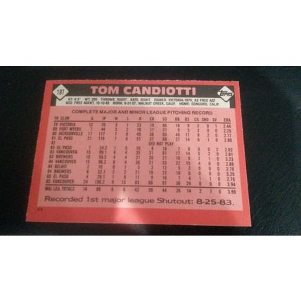 1986 Topps Traded Card # 018T Tom Candiotti Excellent (5) Cleveland Indians