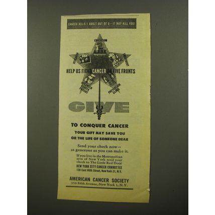 1945 American Cancer Society Ad - Cancer kills 1 adult out of 6