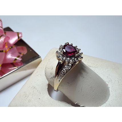 Heart Cut .75cttw Lab Ruby & Natural Rd Diamond 10Kt 2Tone Offset Ring #16094