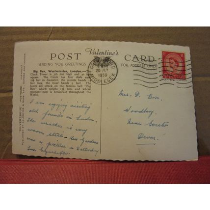BIG BEN, WESTMINSTER, LONDON . used vintage postcard RP by Valentine 1959 pm =