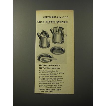 1953 Saks Fifth Avenue Smoking Service Ad - Exclusive four-piece service