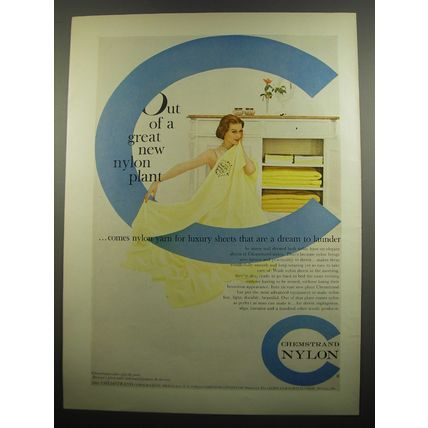 1955 Chemstrand Nylon Ad - Out of a great new Nylon plant ..comes nylon yarn