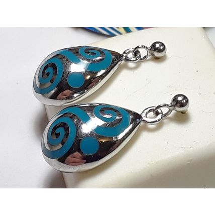 Estate 2 Sided Teardrop Blue Enamel Swirl Sterling Silver Dangle Earrings #19309
