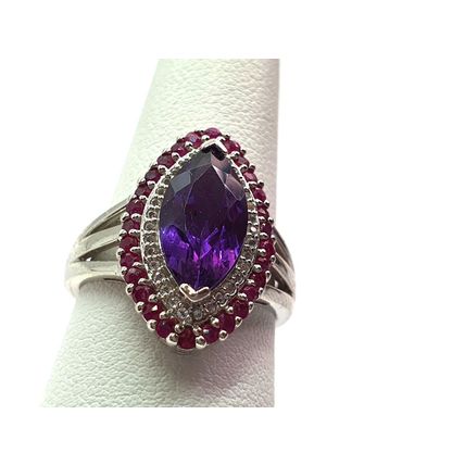 3.7ct Amethyst Burmese Ruby White Topaz Ring Size P½ Rhodium Overlay 925 Silver