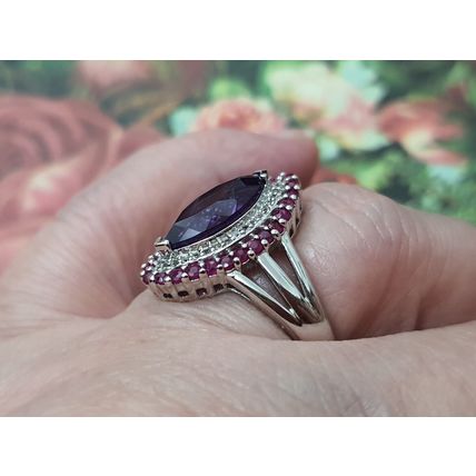 3.7ct Amethyst Burmese Ruby White Topaz Ring Size P½ Rhodium Overlay 925 Silver