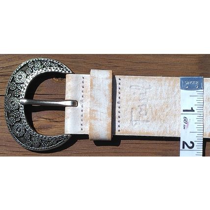 Fossil Women Leather Belt Boho Silver Link Flower Embossed Buckle White Gold NEW