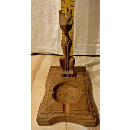 Vintage Wooden Siamese Cat Sculpture Carved Handcrafted Ashtray 3 Grooves- MCM