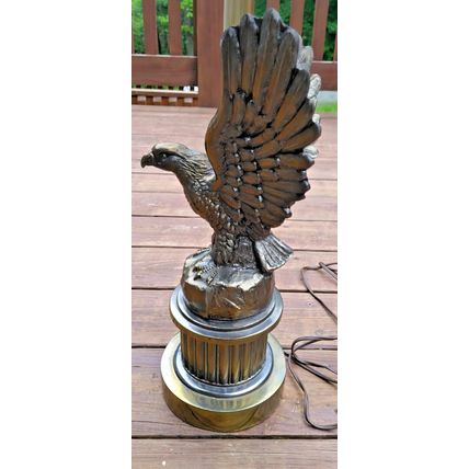 Vintage Heavy Brass Eagle American Flag Motorcycle Table Lamp Glass Panels Works