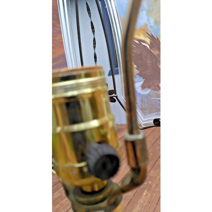 Vintage Heavy Brass Eagle American Flag Motorcycle Table Lamp Glass Panels Works