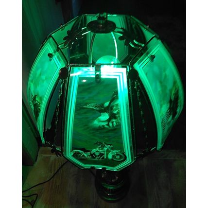 Vintage Heavy Brass Eagle American Flag Motorcycle Table Lamp Glass Panels Works
