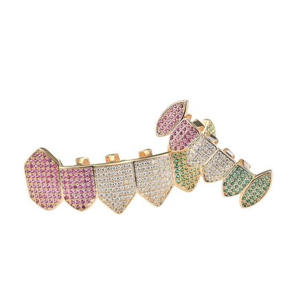 6 Teeth Grillz Mouth Top Bottom Full Iced Mens Hip Hop Colorful Tooth Caps