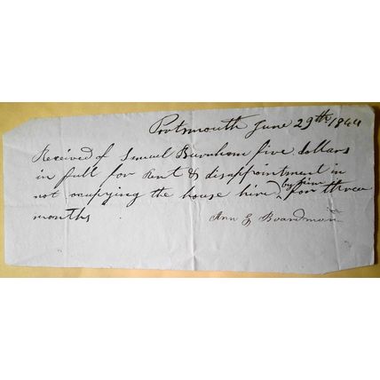 1844 Handwritten Portsmouth rent receipt to Ann G. Boardman