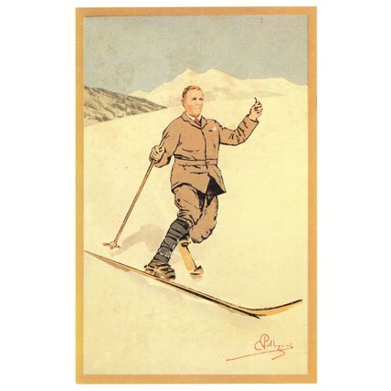 Carlo Pellegrini Jolly Swiss Man on Ski Slopes Lithograph Art Postcard