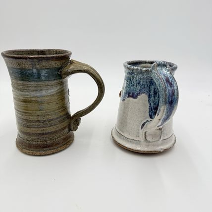 Pair Ugly Face Studio Art Pottery Drip 5” Blue Gray Coffee Mug Stoneware Handmad
