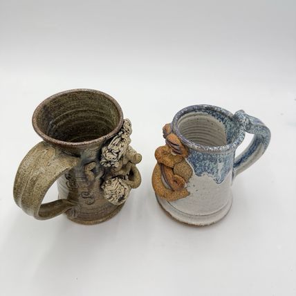 Pair Ugly Face Studio Art Pottery Drip 5” Blue Gray Coffee Mug Stoneware Handmad