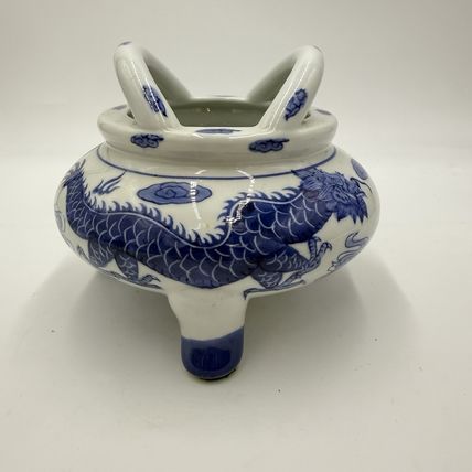 Vtg Quainlong Chinese Incense Burner Bowl Porcelain Marked Dragons Tripod Handle