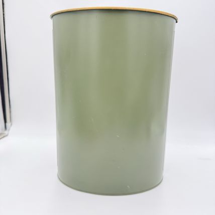 English Metal Waste Basket, 1960s Fox Hunting Lithograph Green 13”Hx10”x8”