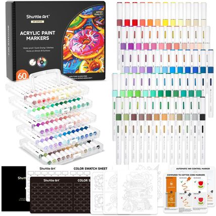 Shuttle Art Automatic Ink Control Acrylic Paint Markers, 60 Colors Brush Tip Acr