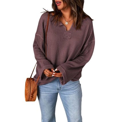 purple Waffle Knit Loose Long Sleeve Top