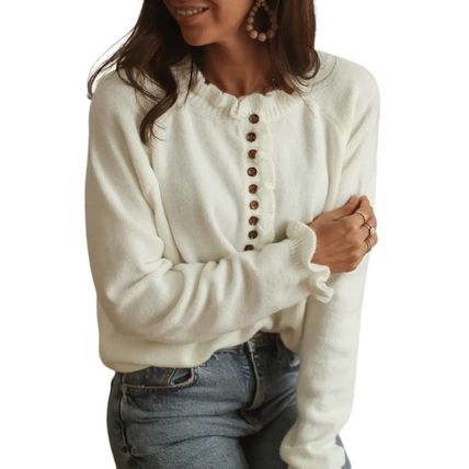 Beige Frill Trim Buttoned Knit Pullover Sweater