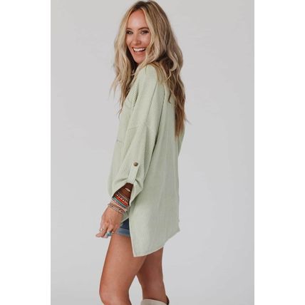 Green Ribbed Roll-tab Sleeve Chest Pocket Oversize Top