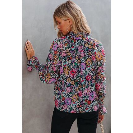 Multicolor Floral Print Ruffled Long Sleeve V-Neck Blouse
