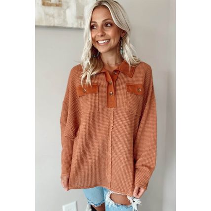 Brown Waffle Knit Button Contrast Trim Long Sleeve Top