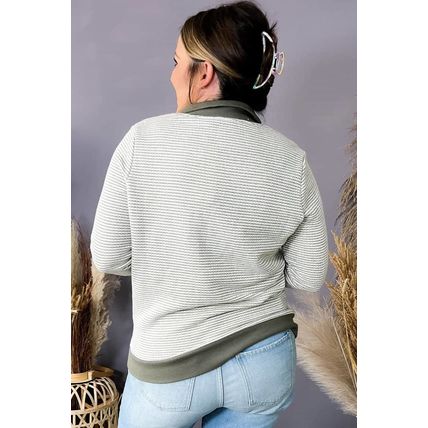Green Striped Contrasting Trim Plus Size Henley Pullover