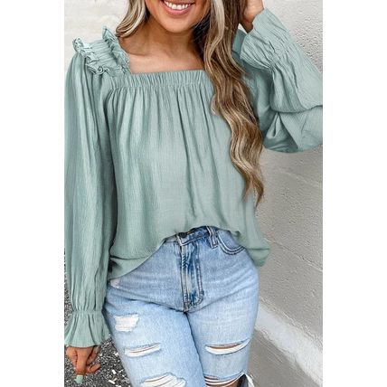 Green Ruffled Square Neck Cuffs Long Sleeve Blouse
