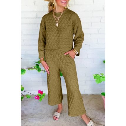 Sage Green Solid Quilted Pullover and Pants Outfit