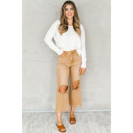 Brown Distressed Hollow-out High Waist Cropped Flare Jeans
