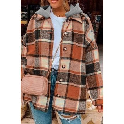 Orange Hooded Plaid Button Front Shacket