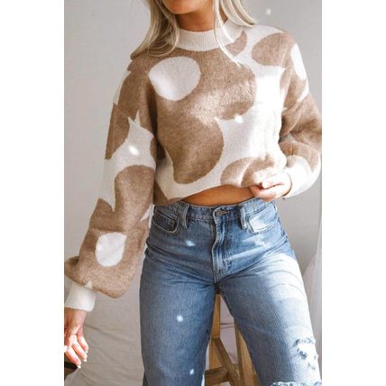 Khaki Big Flower Pattern Drop Shoulder Sweater