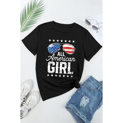 Black Stars and Stripes Glasses Slogan Graphic T Shirt