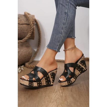 Black Hollowed PU Leather Rivet Wedge Slippers
