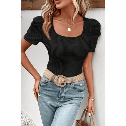 Black Waffle Knit Ruched Puff Sleeve Top