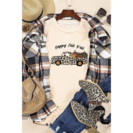Khaki Happy Fall Leopard Truck Cute Pumpkin Graphic Tee