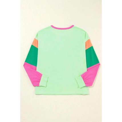 Green Colorblock Patchwork Long Sleeve Loose Top