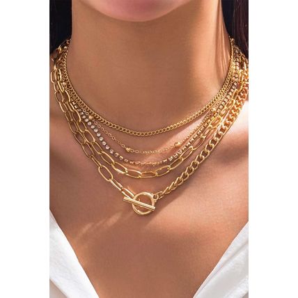 Gold 5pcs Layered Rhinestone Chain Collarbone Necklaces Set
