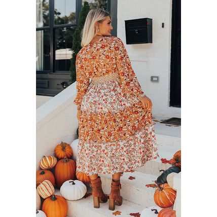 Khaki Floral Print Ruffled Tiered Long Sleeve V Neck Midi Dress