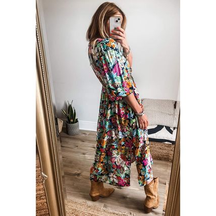Green Floral Puff Sleeve V Neck Tassel Drawstring Dress