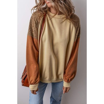 Khaki Lace Patchwork Colorblock Drop Shoulder Sweatshirt