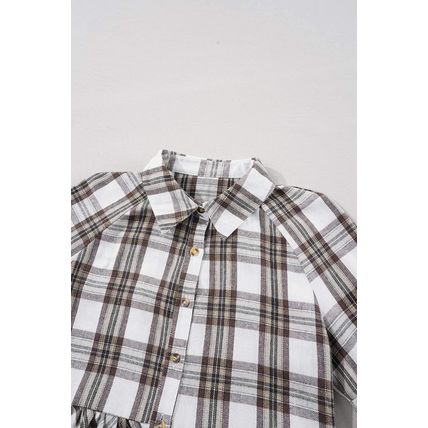 White Plaid Bubble Sleeve Flowy Shirt Dress