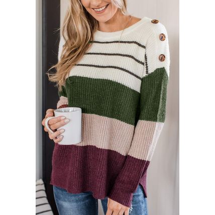Green Color Block Striped Buttoned Shoulder Split Sweater