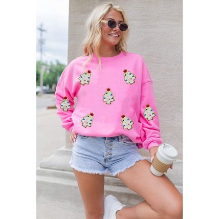 Bonbon Christmas Tree Patch Pattern Crew Neck Sweatshirt