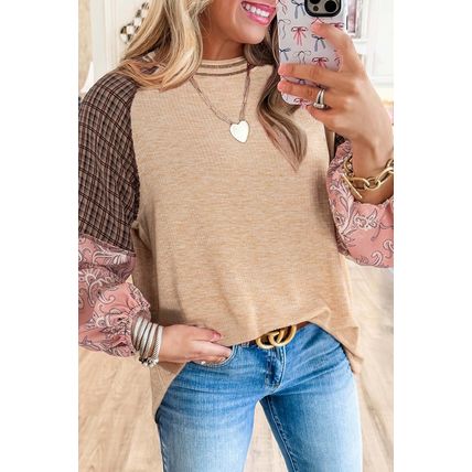 Jet Stream Mixed Print Raglan Sleeve Ribbed Knit Patchwork Blouse