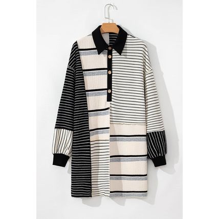 Black Stripe Colorblock Knit Henley Collar Shift Long Sleeve Mini Dress